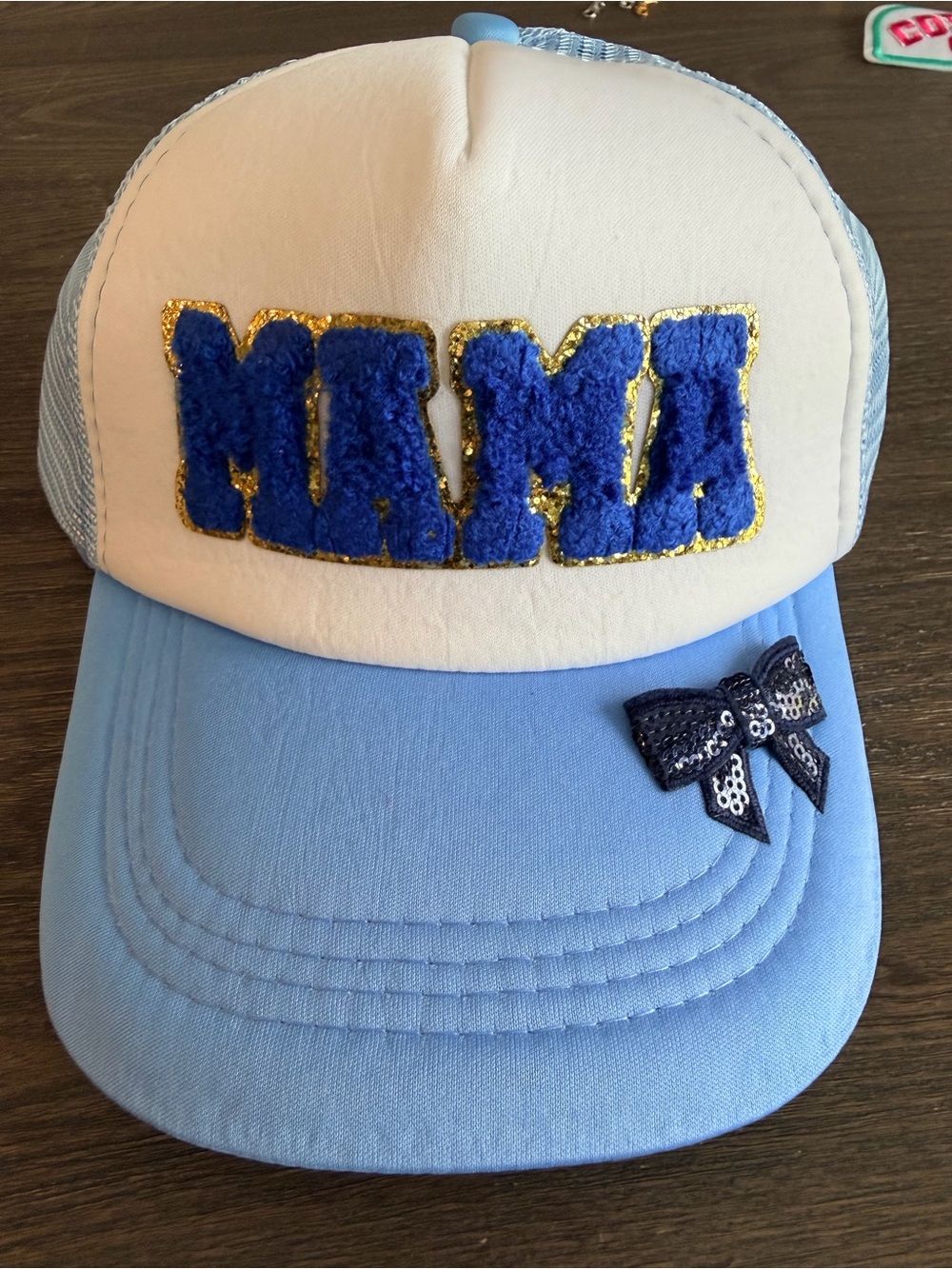 MAMA Embroidered Trucker Hat in White & Baby Blue